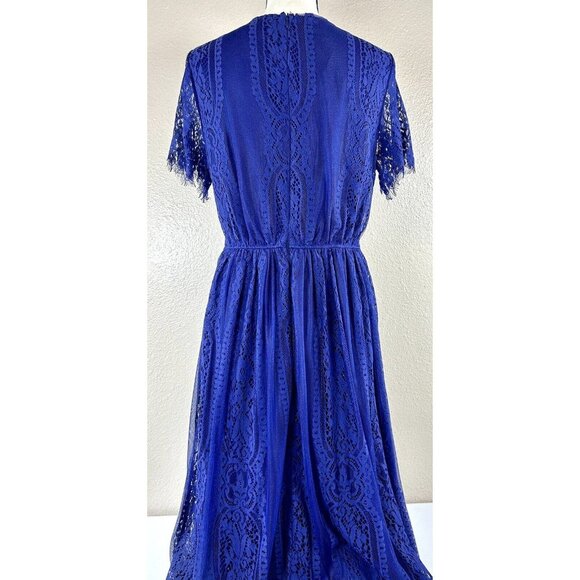 Merokeety Maxi Dress Lace Overlay Indigo Blue Boho Crochet Fringe Knit V Neck L - Picture 8 of 16